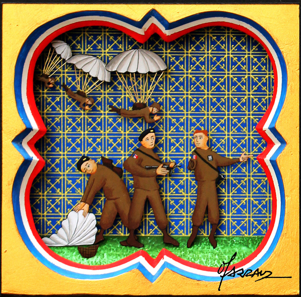 Extrait du corpus sur le 6 juin 1944 : débarquement allié en Bretagne - enluminure en relief et à la feuille d'or - 12 x 12 cm