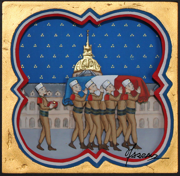 Extrait des Grandes heures d'un capitaine du XXIème siècle - enluminure en relief et à la feuille d'or - 12 x 12 cm