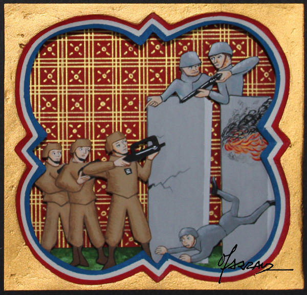 Extrait des Grandes heures d'un capitaine du XXIème siècle - enluminure en relief et à la feuille d'or - 12 x 12 cm