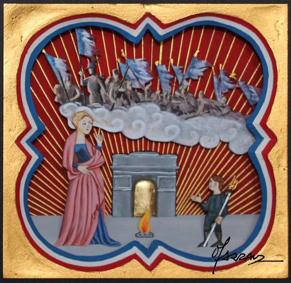 Extrait des Grandes heures d'un capitaine du XXIème siècle - enluminure en relief et à la feuille d'or - 12 x 12 cm