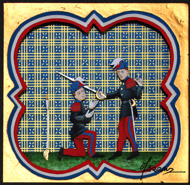 Extrait des Grandes heures d'un capitaine du XXIème siècle - enluminure en relief et à la feuille d'or - 12 x 12 cm